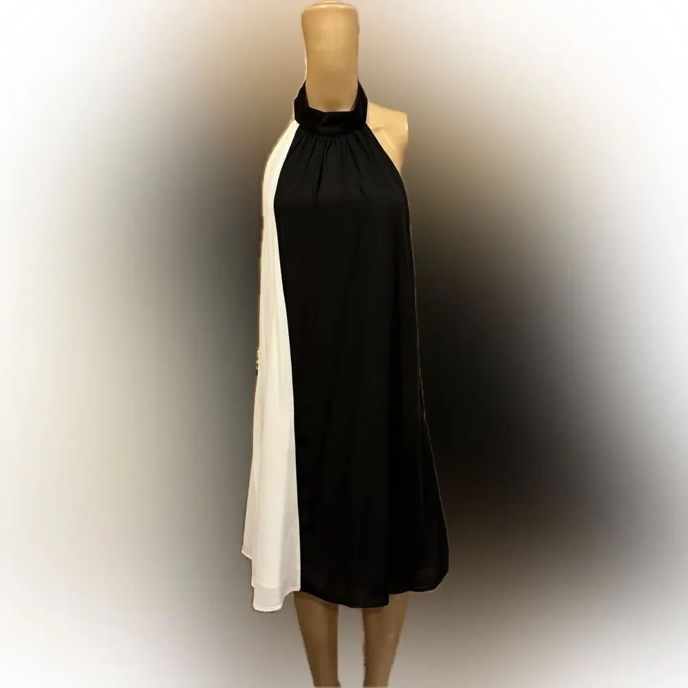 Venus BLK/WHT Chiffon Halter Neck Backless low back  Elastic Mini Dress SZ M